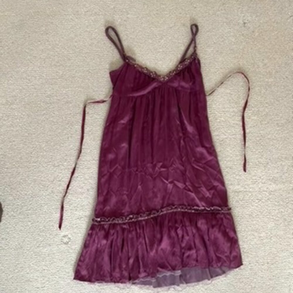 Y2K Free People silk plum purple empire waist dress with beading, tulle 4